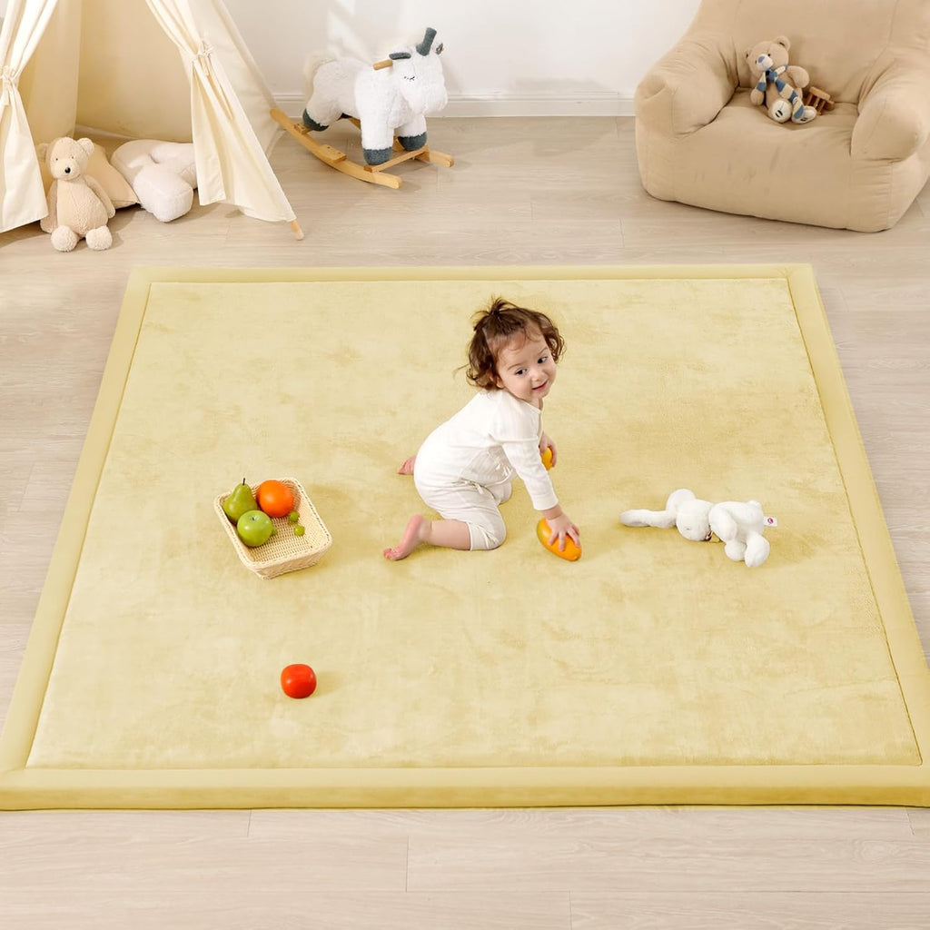 1.3" Thick Baby Play Mat,Ultra Soft Elasti-Foam 50×50 Playpen Mat for Tummy Time,Water-Repellent Coral Fleece Nursery Rug for Infants,Toddlers,Kids,Non-Slip Safe for Crawling(Vanilla)