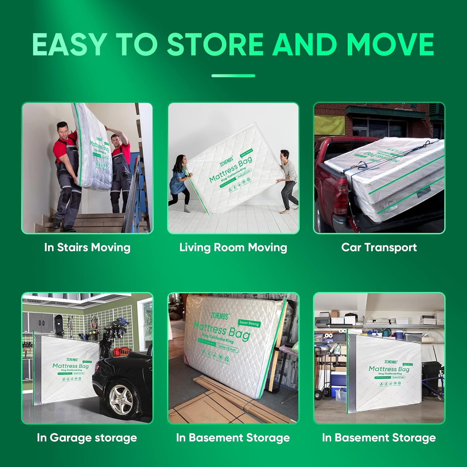 ZCHENBS® – Mattress Bags for Moving and Storage,Mattress Bag with Zippers,5 Mil Ultra-Thick Bed Bag,Waterproof,Anti-Tear,Heavy-Duty Mattress bag (Tansparent/Green, King/California King-(2 Pack))