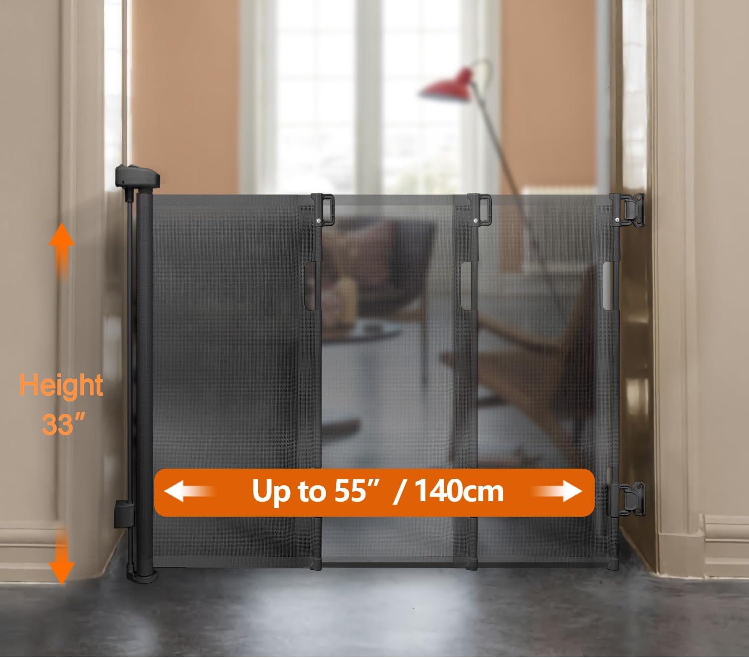 Retractable Baby Gate,Mesh Baby Gate or Mesh Dog Gate,33" Tall,Extends up to 55" Wide,Child Safety Gate for Doorways, Stairs, Hallways, Indoor/Outdoor, Grey