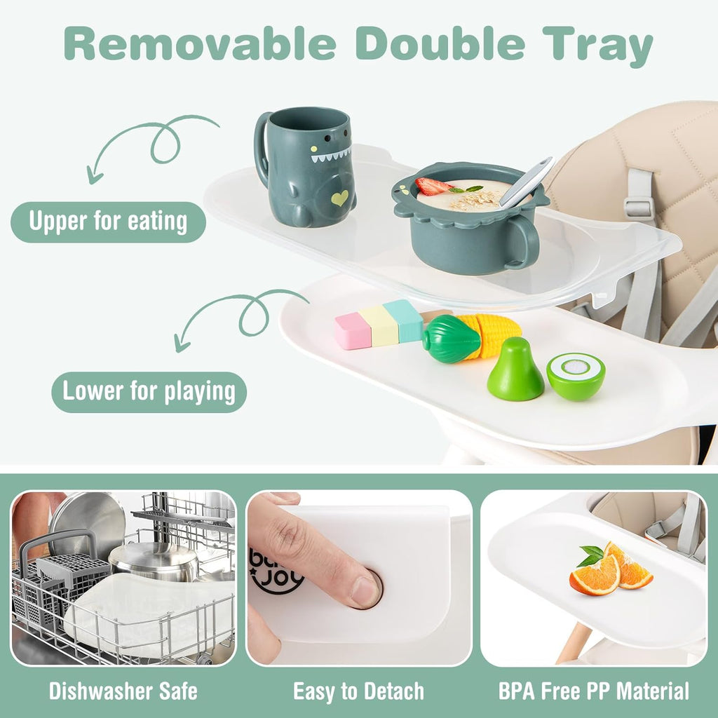 BABY JOY High Chair, 6 in 1 Convertible Wooden Highchair for Babies & Toddlers with Adjustable Legs, Double Removable Tray, Safety Harness & Waterproof PU Cushion (Beige)