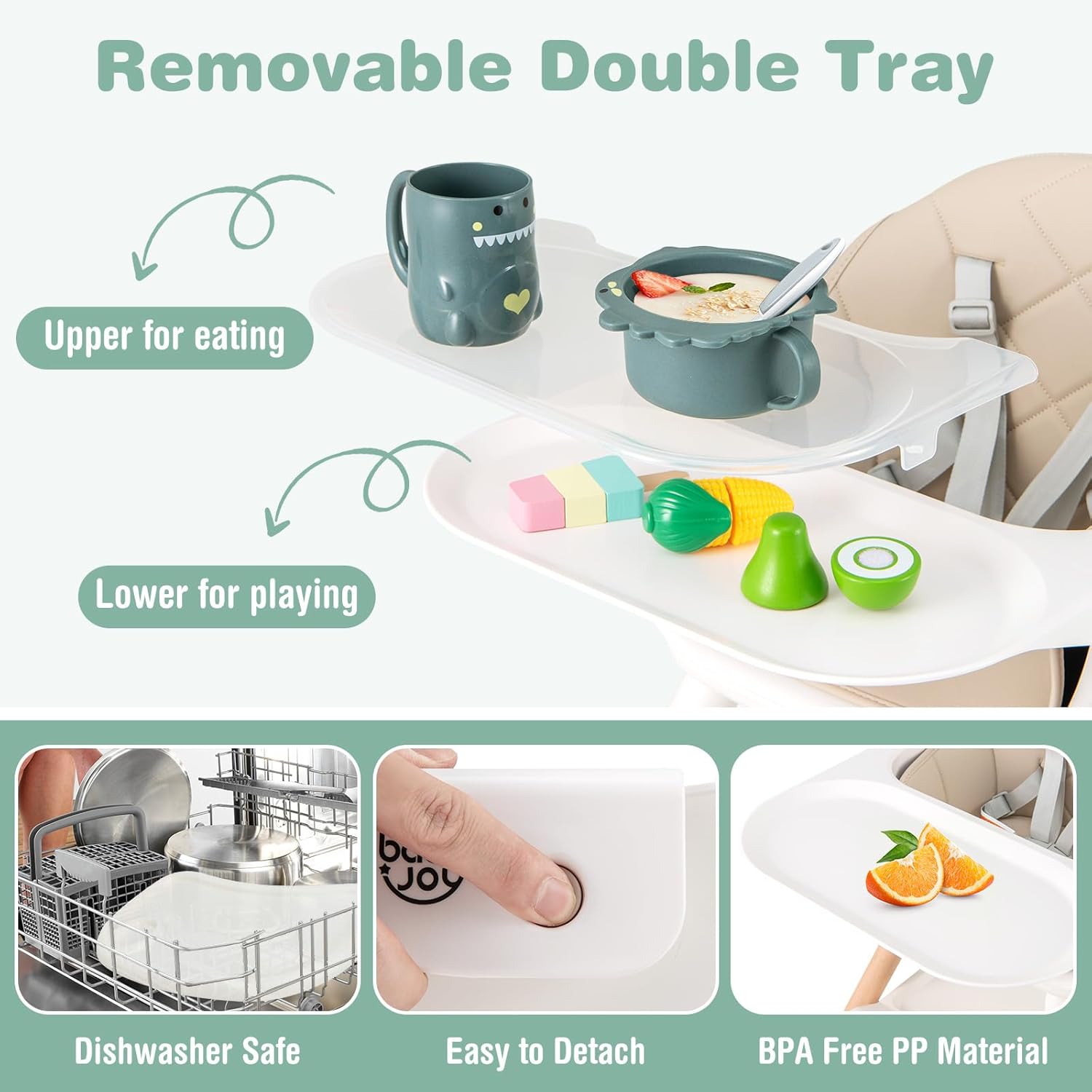 BABY JOY High Chair, 6 in 1 Convertible Wooden Highchair for Babies & Toddlers with Adjustable Legs, Double Removable Tray, Safety Harness & Waterproof PU Cushion (Beige)