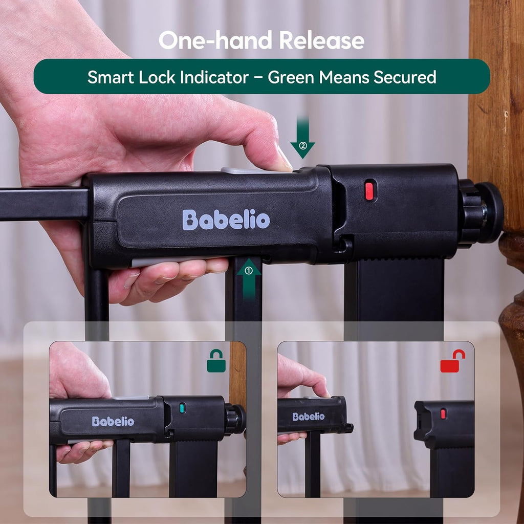 BABELIO Baby Gate for Doorways and Stairs, 31-36" Pet Gate with Wide Walk Thru Door and Lock Indicator, No Drill Pressure Mounted Safety Gate with Double Lock and Self-Closing, Black