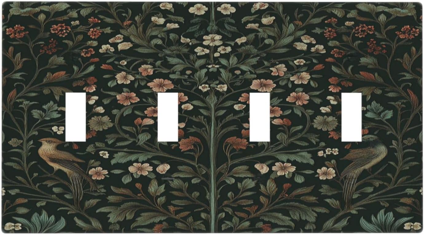 Light Switch Covers Vintage Morris Colorful Flower Green Leaf Quad Toggle Electrical Faceplate 4 Gang Wall Plate Decorative Switch Plates For Bed Room Living Room Decor