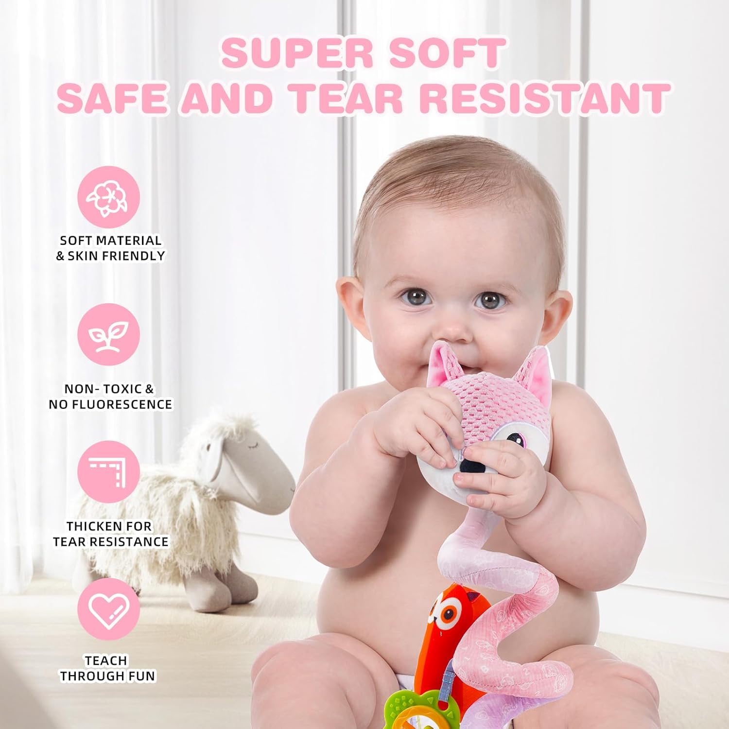 Jollybaby Baby Car Seat Stroller Toys, Plush Activity Hanging Spiral Activity Pram Crib with Music Box, Rattles, Squeaker for Babies Infant Boys Girls(Pink Fox)