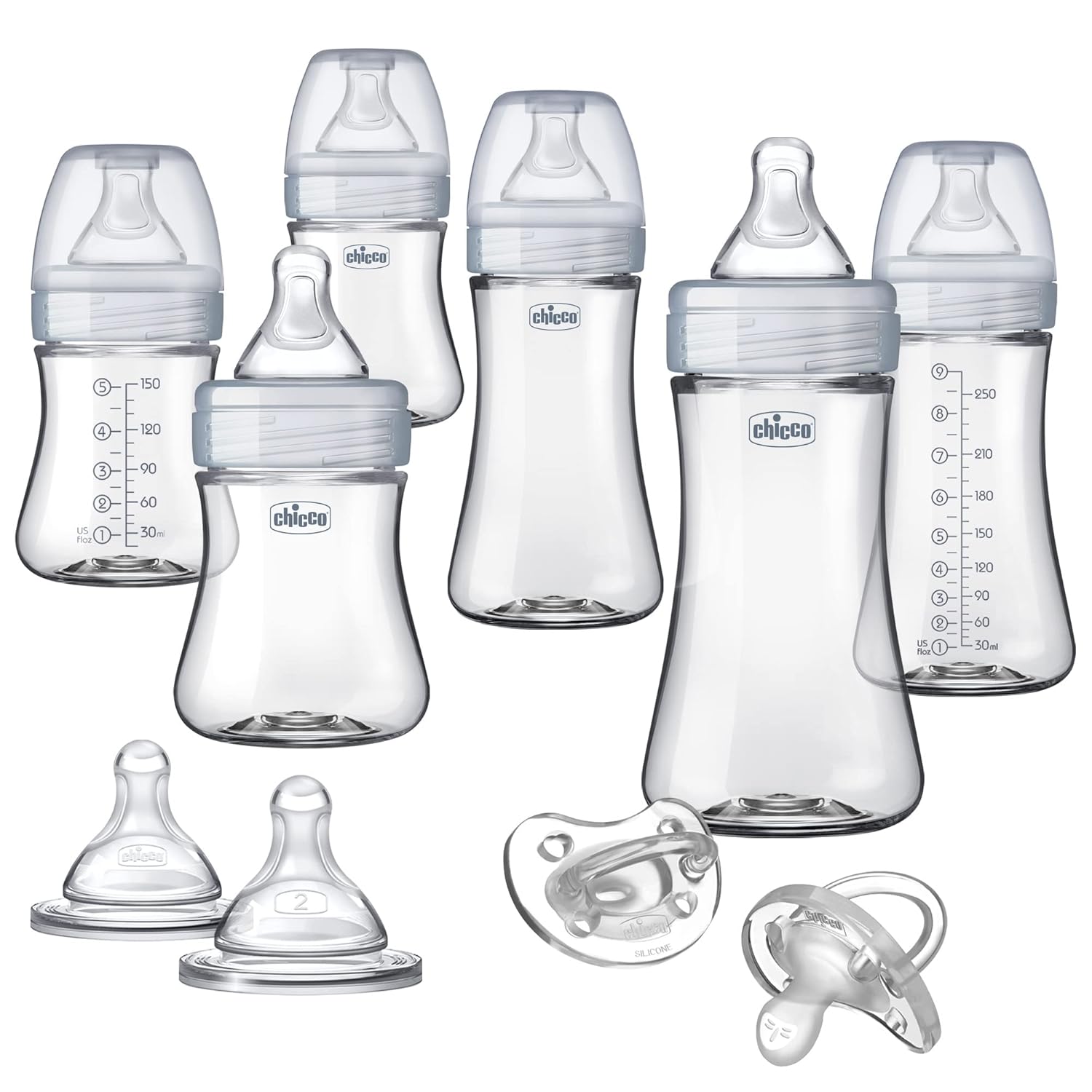 Chicco Duo Deluxe Hybrid Baby Bottle Starter Gift Set with Invinci-Glass Inside and Plastic Outside | Dishwasher, Bottle Warmer, and Electric Sterilizer Safe | Intui-Latch Nipple | Clear/Grey
