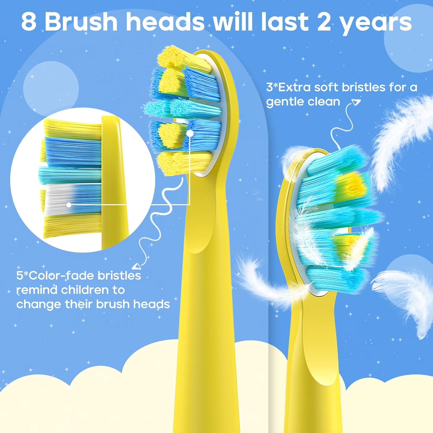 SEAGO Kids Electric Toothbrush, Rechargeable Sonic Soft Bristle Toothbrushes with 8 Brush Heads, DIY Stickers and 5 Modes, Ideal for Kids and Children, Ages 3–12,SG2303(Yellow)