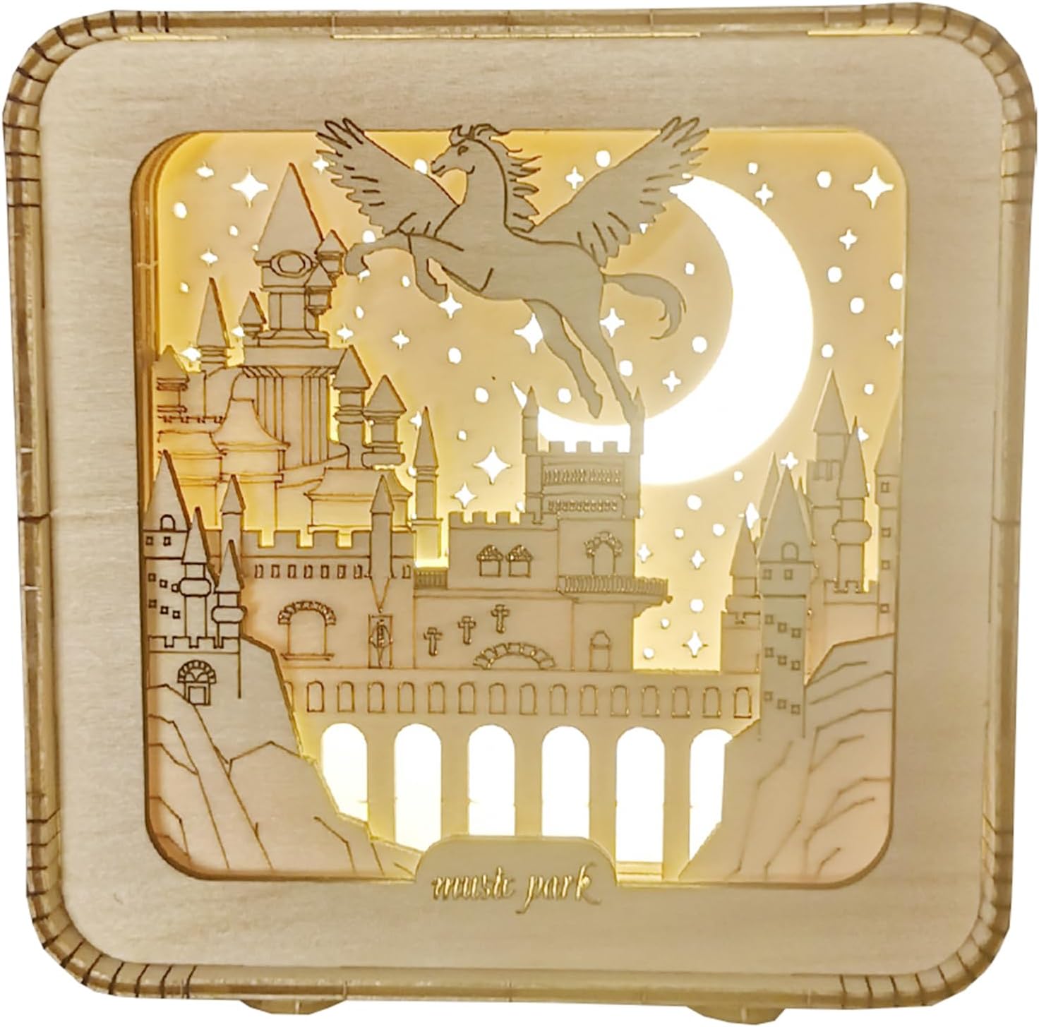 Music Park 3D Wooden Puzzles for Adults, ‎Unique Pegasus Castle Building Model Kit Night Lights, DIY Desk Decor Birthday Gifts Crafts for Adults and Kids Family Game