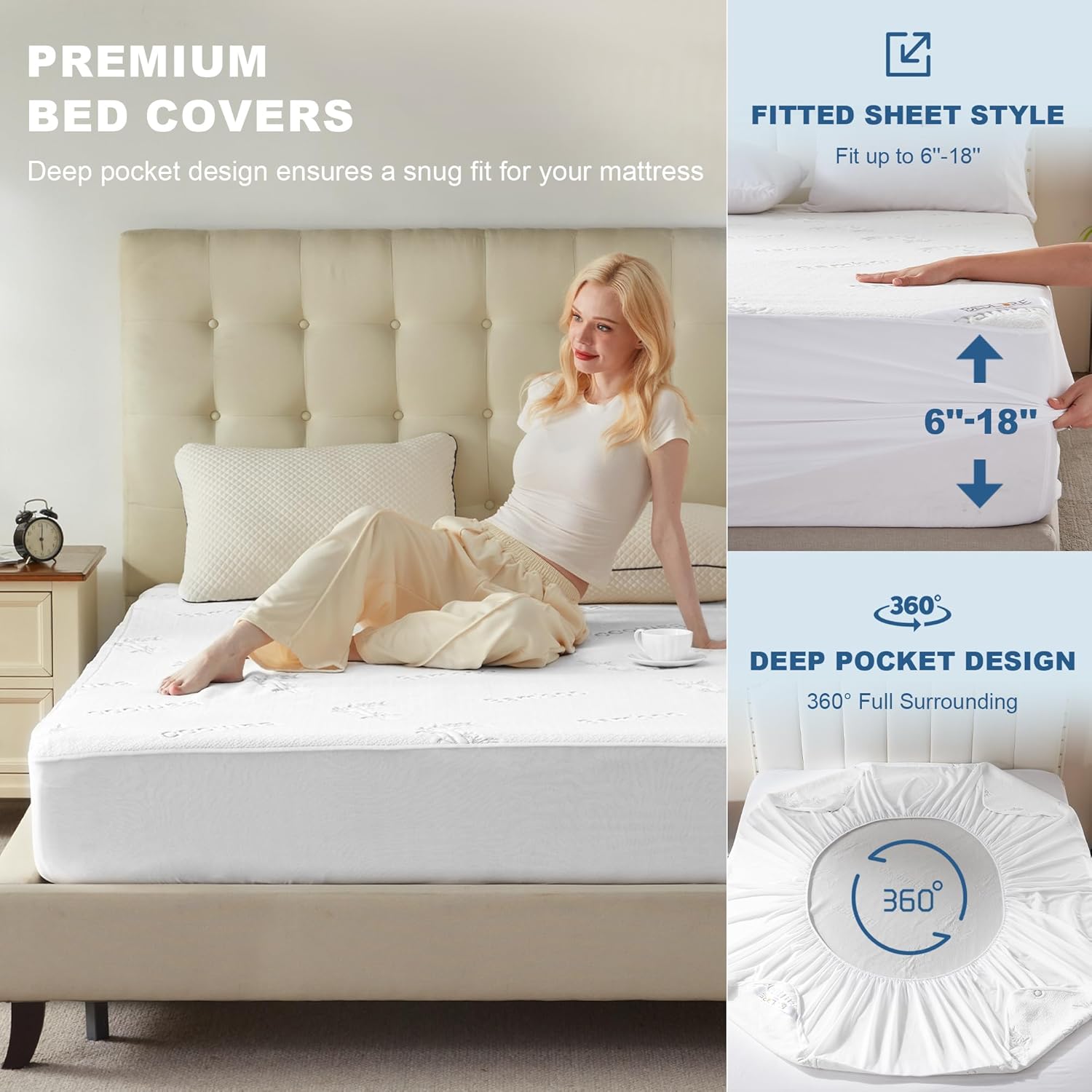 Waterproof Mattress Protector, California King Size Mattress Pad Fitted 6"-18" Deep Pocket, 3D Air Fabric Bed Mattress Cover Noiseless Washable for Bedroom, Hotel