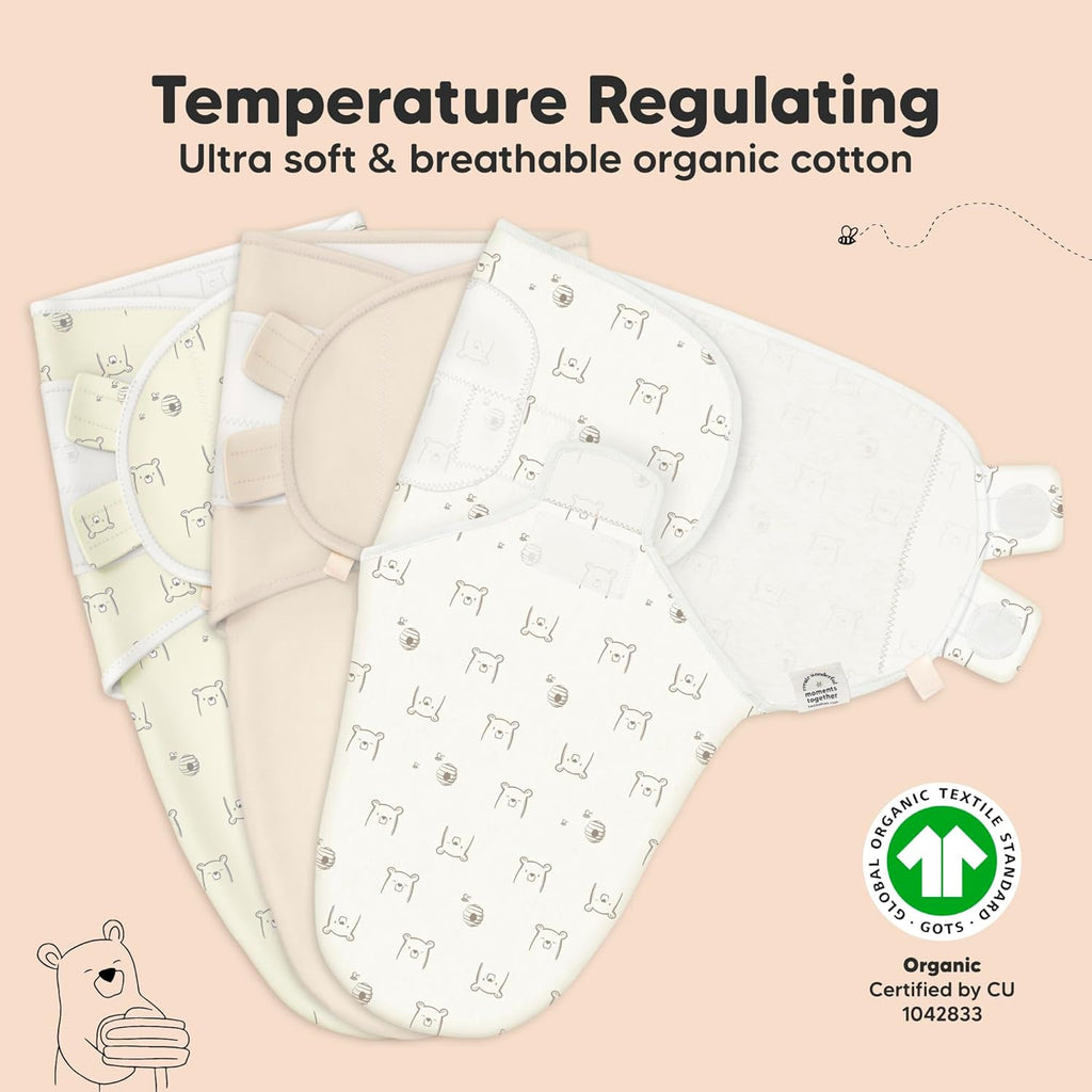 3-Pack Organic Baby Swaddle Sleep Sacks - Swaddles for Newborns, Infant 0-3 Months, Baby Girls, Boys, Soft & Snug Newborn Sleep Sack, Nursery Swaddling Blankets (Bumble Bear)