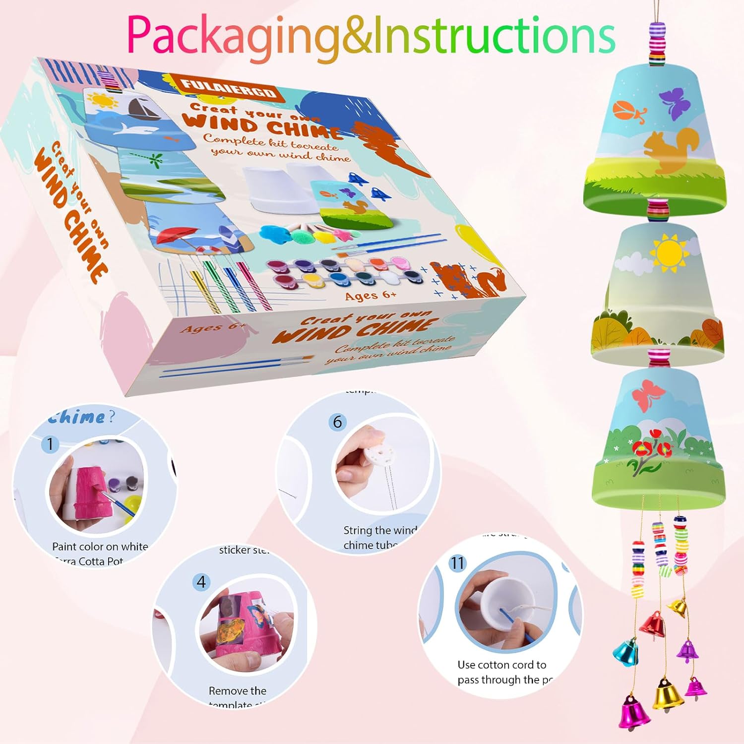 FULAIERGD 3 Pack Wind Chime Making Kit for Kids- Wind Chime Craft Painting Kit-Ceramic Pot, Bells, Stencils and Beads DIY Crafts Gifts for End of Year Student, Christmas, Birthday, Summer Decor