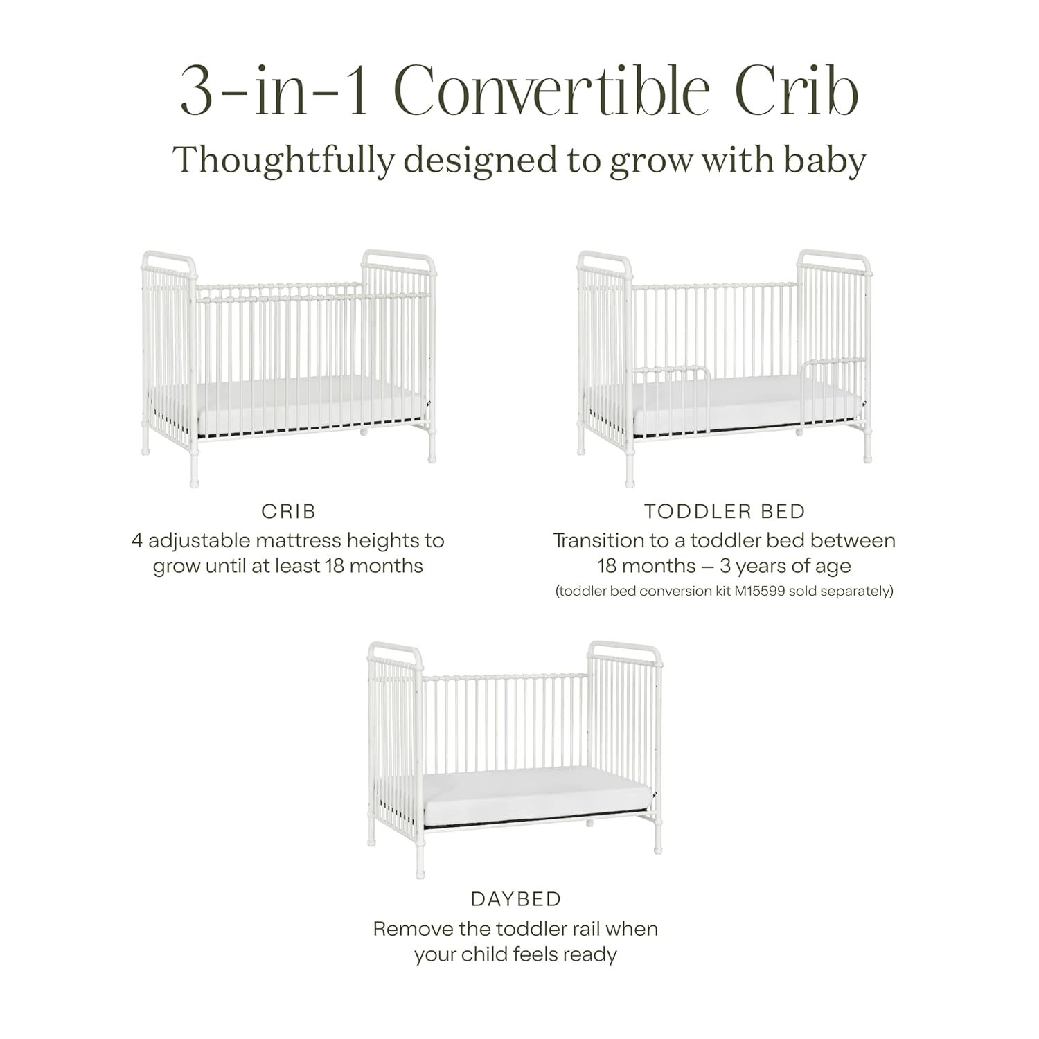 Namesake Abigail 3-in-1 Convertible Metal Crib in Washed White, Greenguard Gold Certified