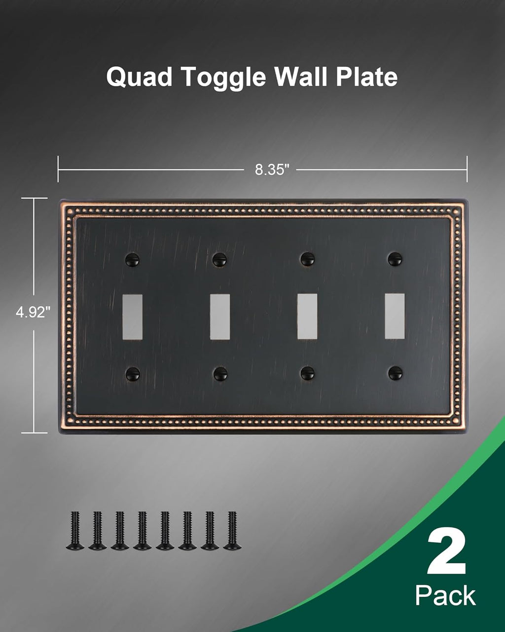 2-Pack Quad Toggle Light Switch Cover Plate, 4 Gang Metal Switch Plate Covers, Aged Bronze Pearls Decorative Wall Plate, Corrosion Resistant