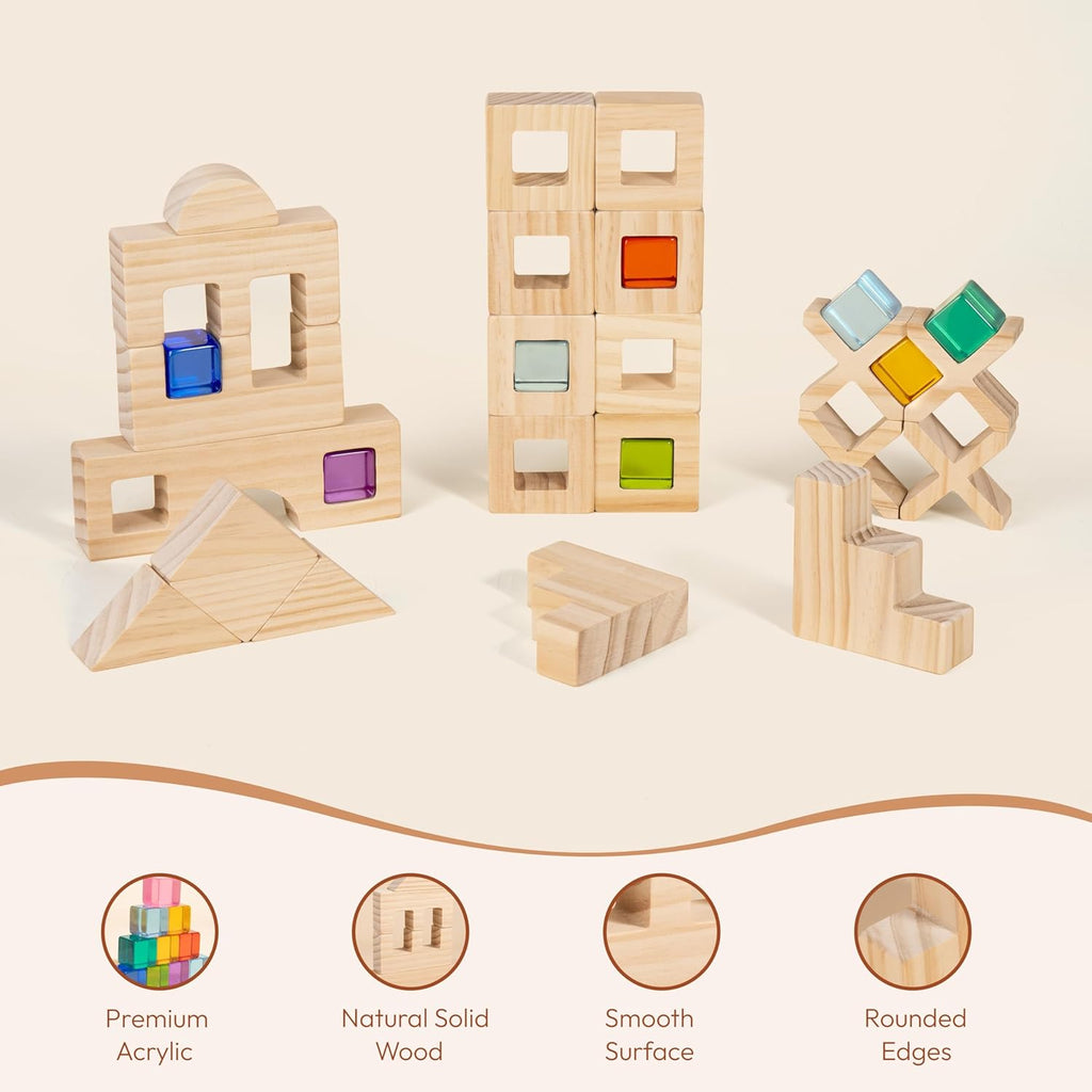 Wooden Rainbow Building Blocks Set for Kids, 22 PCS Wooden Blocks & 25 PCS Gem Cubes Stacking Blocks, Montessori Stacking Toys for Toddlers, Educational STEM Easter Toys for Boys Girls 3-6