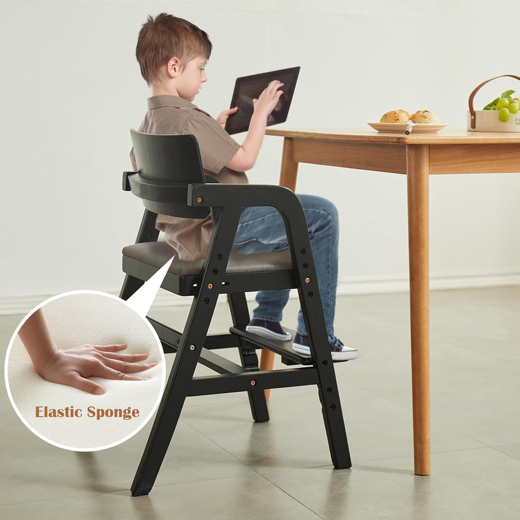 Solid Wood high Chairs for Toddlers,High Chair Grows with Kid for Dining, Study Chair for Children, Black