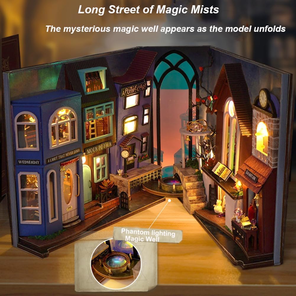 WYD DIY Bookstand Kit British Magic House Street View Architectural Model Handmade Desk Insert Decoration Wooden Mini Doll House Youth and Adult Best Gift