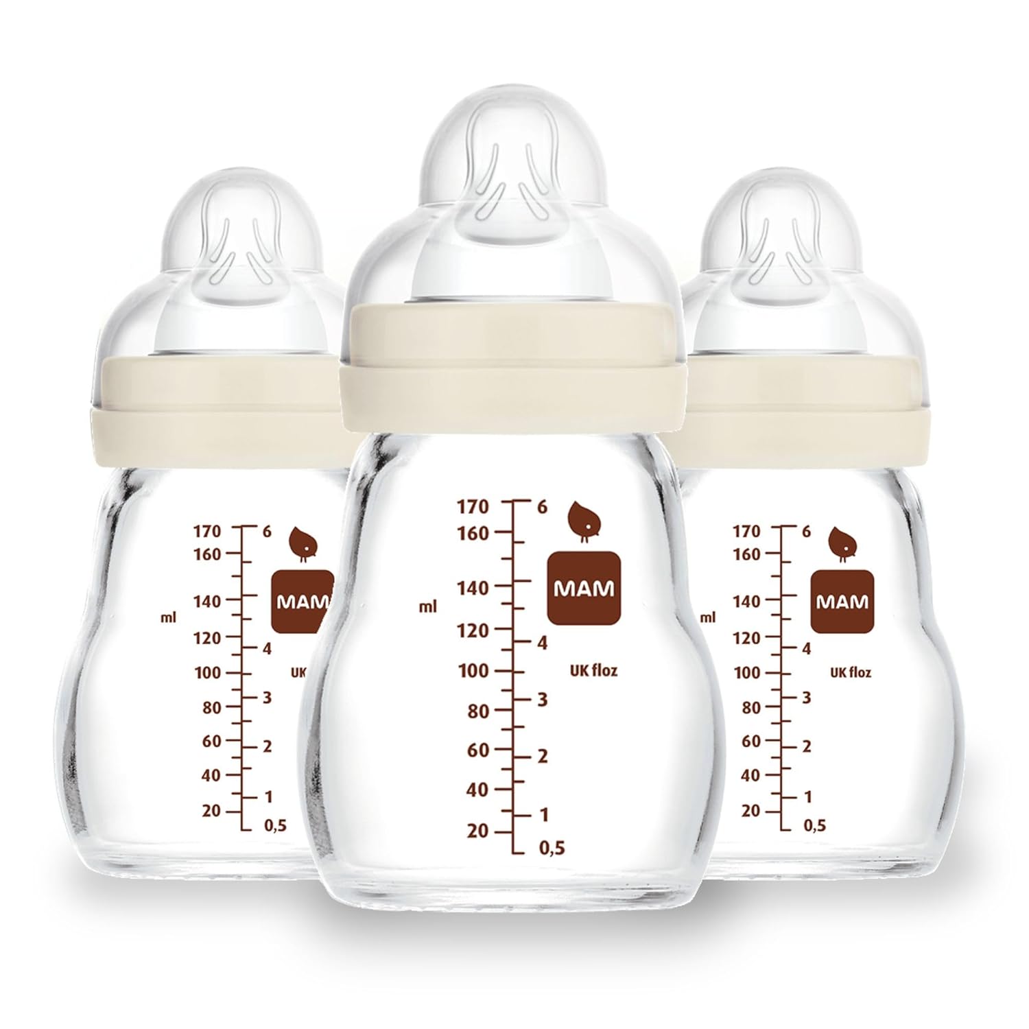 MAM Feel Good Slow Flow Premium Glass Baby Bottles, Easy Switch Between Breast and Bottle, 6oz, 0+ Months, Unisex, 3 Pack