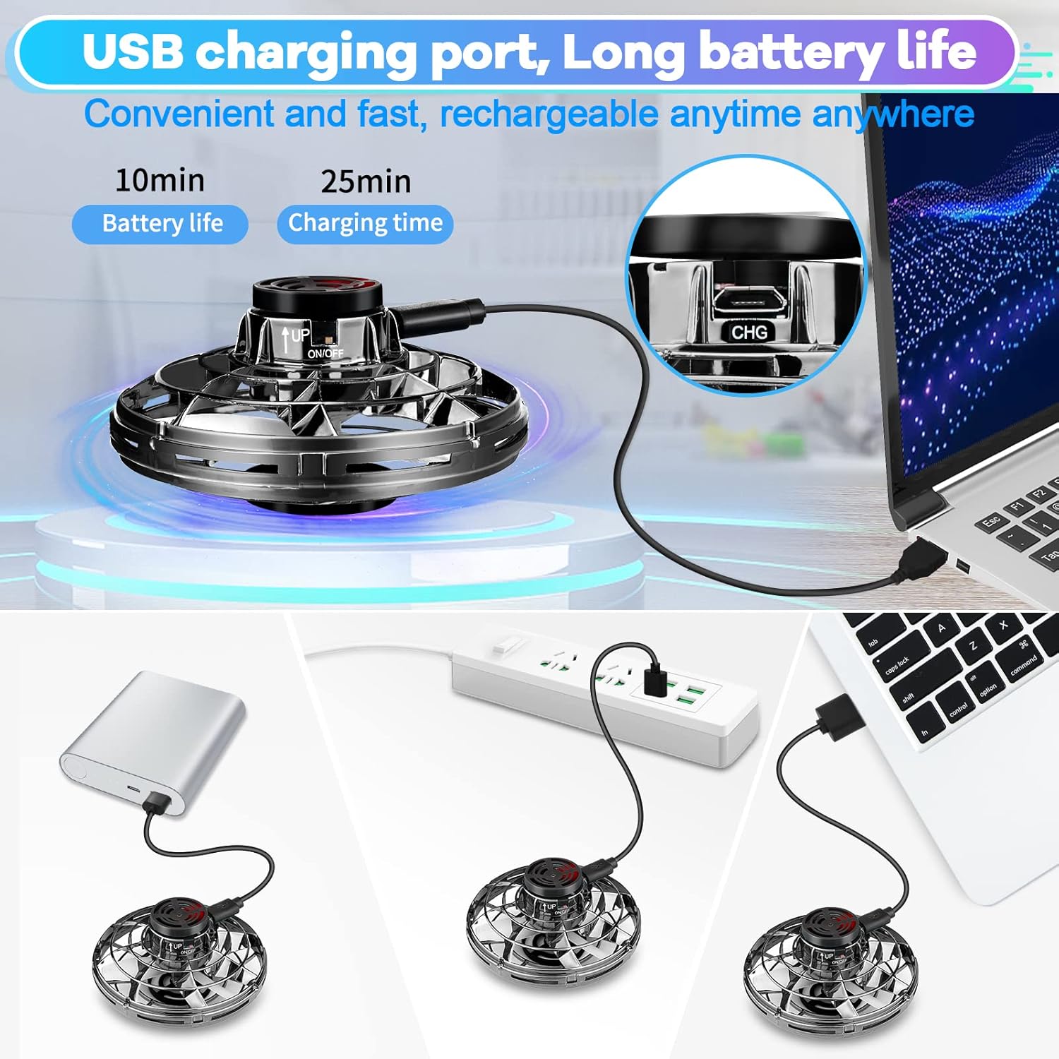 Flying Fidget Spinner,2024 Upgraded Flying Spinner Mini Hand Drone with 360 ° Rotating and LED Lights Outdoor Indoor Toy,Mini UFO Toy Drone for Boys Girls Adults (Black)