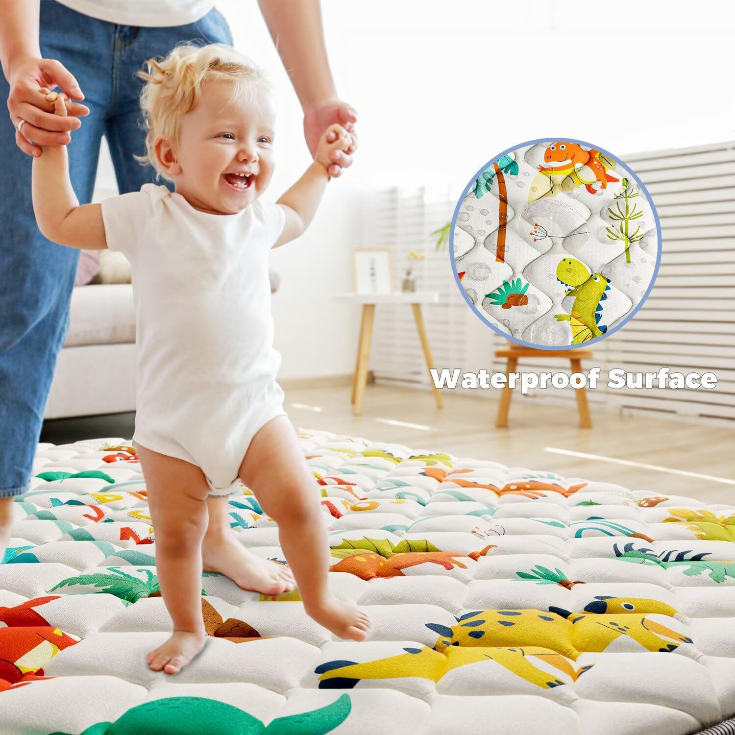Baby Play Mat 71" X 59" Playpen Mat Upgraded Thicken Baby Floor Play Mat Non-Slip Cushioned Crawling Mat Waterproof Activity Playmats for Babies Toddlers Infants (71X59, Letter Dino)