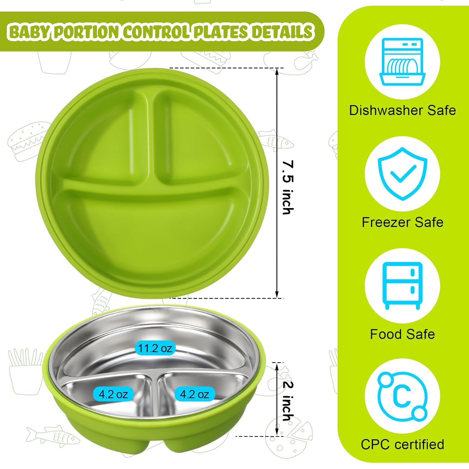 Nuogo 2 Pcs Stainless Steel Baby Suction Plates with Removable Silicone Shell 2-in-1 Metal Toddler Bowl Divided for Picky Eaters Kids Feeding Led Weaning Supplies, Dishwasher Safe (Green, Blue)