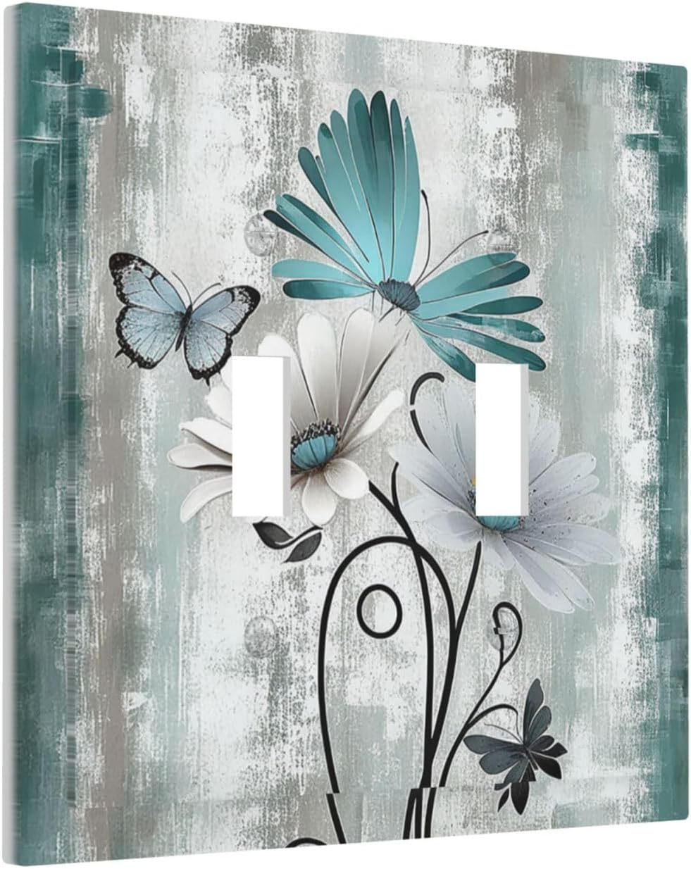 Decorative Switch Plates Rustic Teal Daisy Floral Flowers Butterfly Wood Grain 2 Gang Double Toggle Outlet Light Switch Cover Wall Plate Electrical Faceplate for Bathroom Bedroom Decor