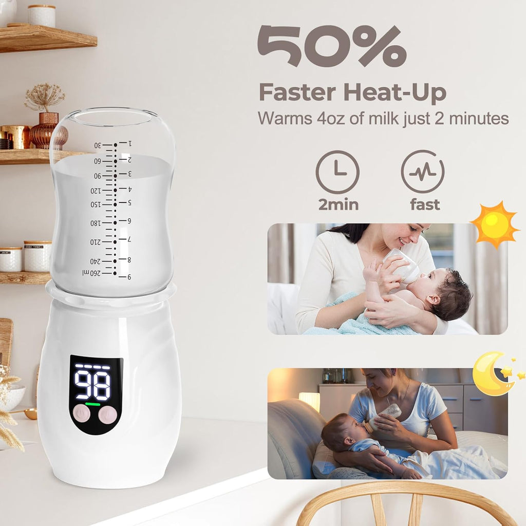 Portable Cordless Baby Bottle Warmer for Travel, Rechargeable with 8 Adapters & 1 Milk Powder Container, Safe Material, Fast Heating, Compatible with Major Brands,White
