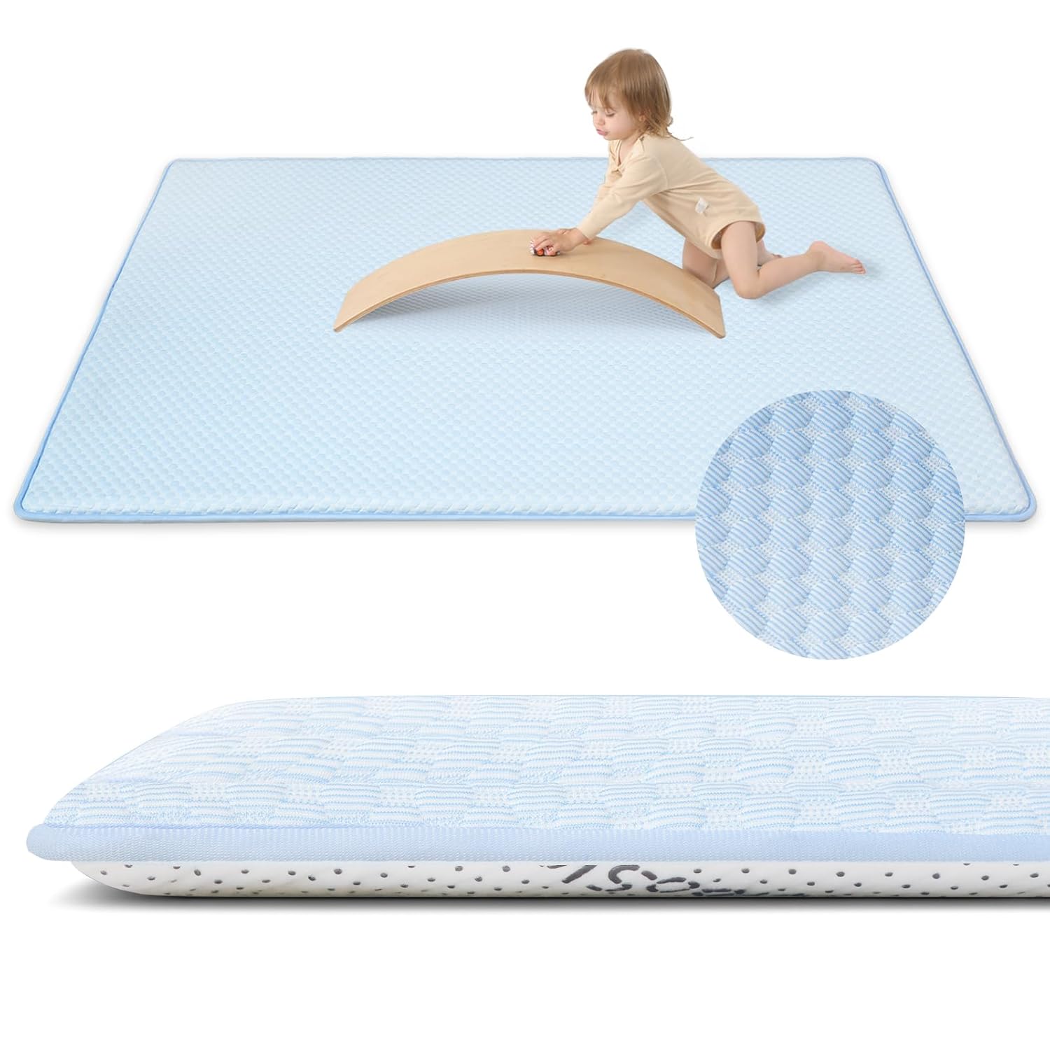 Baby Play Mat for Summer,1.3 Thick Memory Foam Cooling Floor Tummy Time Mat, Soft & Breathable, Non-Slip Rectangular for Toddlers’ Playtime & Rest(Light Blue,39"x59")