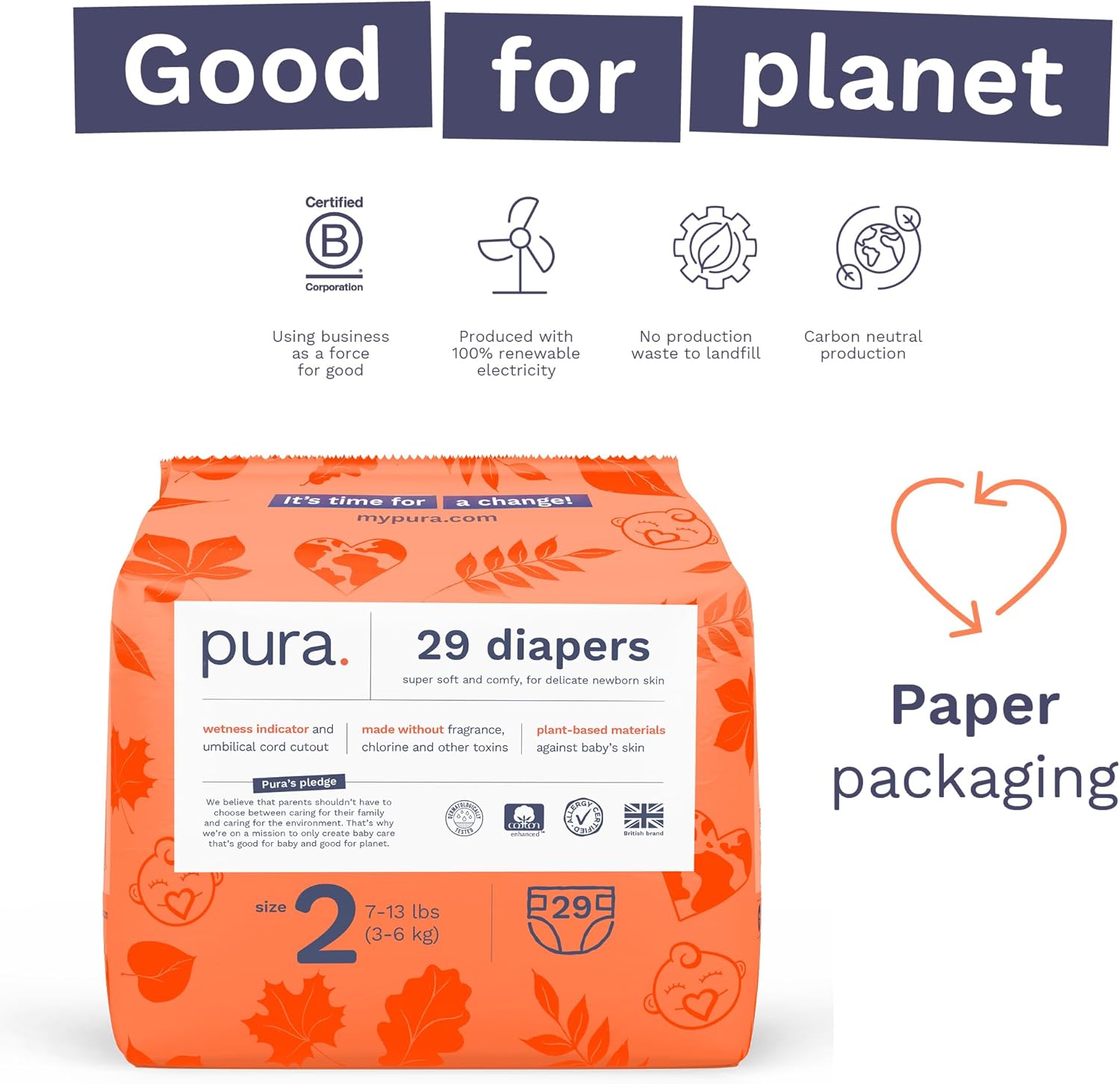 Pura Hypoallergenic Diapers, Size 2 (7-13 lbs) Totally Chlorine Free, Wetness Indicator, Suitable for Sensitive Skin, Soft Organic Cotton, Overnight, 3 Packs of 29 (87 Baby Diapers)