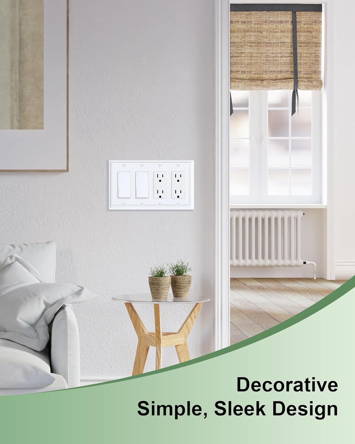 2-Pack Quad Decorator Wall Cover Plate, Pure White Decorative Switch Plates and Outlet Covers, Natural Bamboo Fiber 4 Gang Wall Plate for Electrical Outlets, Receptacle, GFCI Outlet, Dimmer Switch