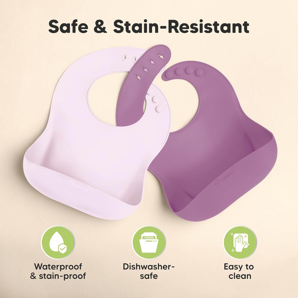 KeaBabies 2-Pack Silicone Baby Bibs for Eating - Sturdy Food-Grade Silicone Bibs for Babies Girl, Boy, Large Food Catcher, Clean & Put On Easily, Waterproof Toddler Feeding Essentials (Amethyst)