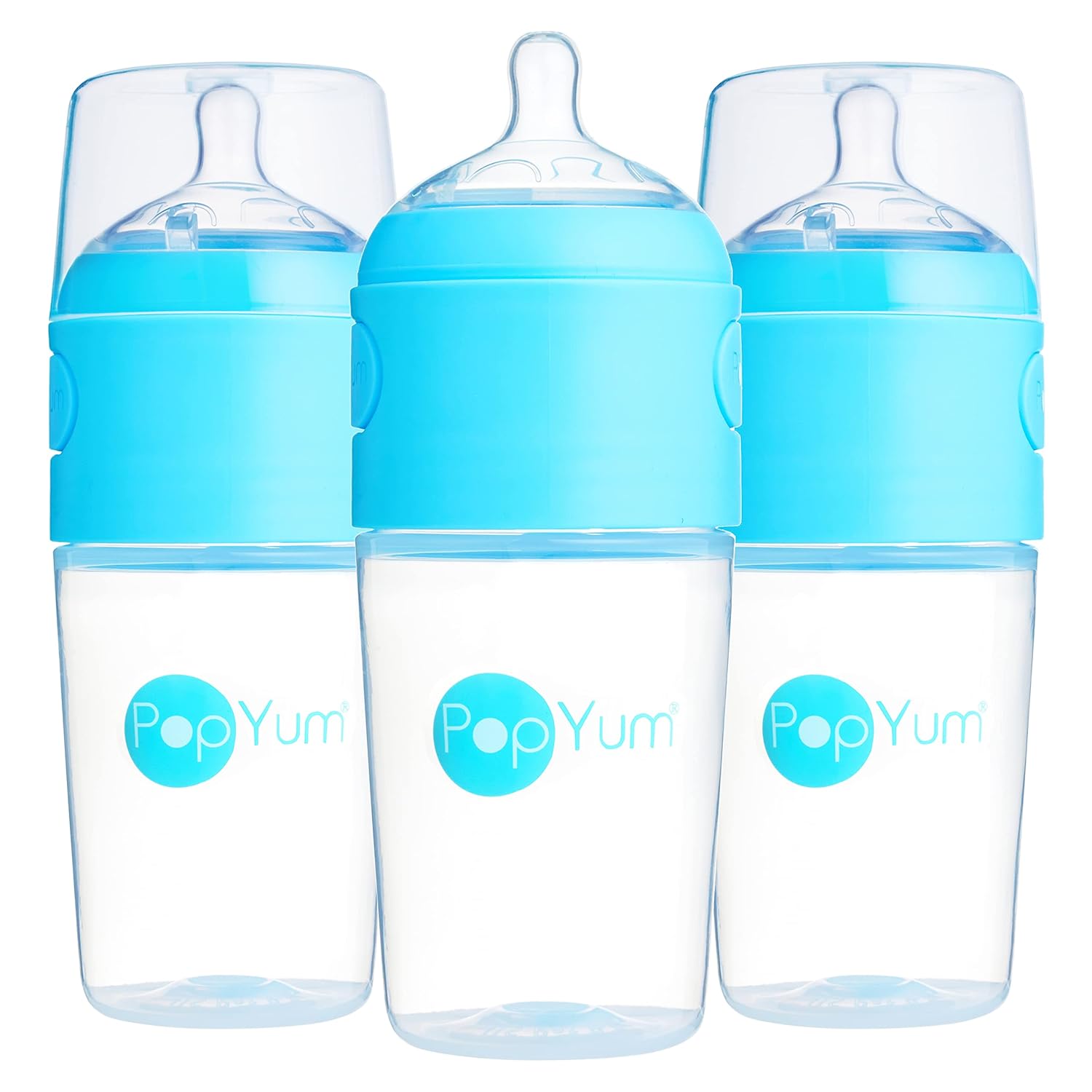 PopYum 9 oz Blue Anti-Colic Formula Making/Mixing/Dispenser Baby Bottles, 3-Pack with #2 Medium Flow Nipples, 260 ml, BPA-Free, Natural Latch