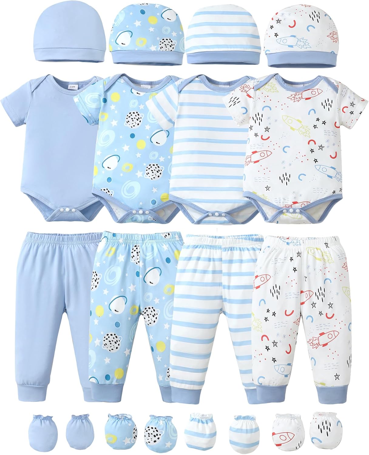 NZRVAWS Newborn Baby Boy Girl Clothes Unisex Infant Romper Pants Set Hat 4-Pack Outfits 0-12 Months 16 Pieces Toddler