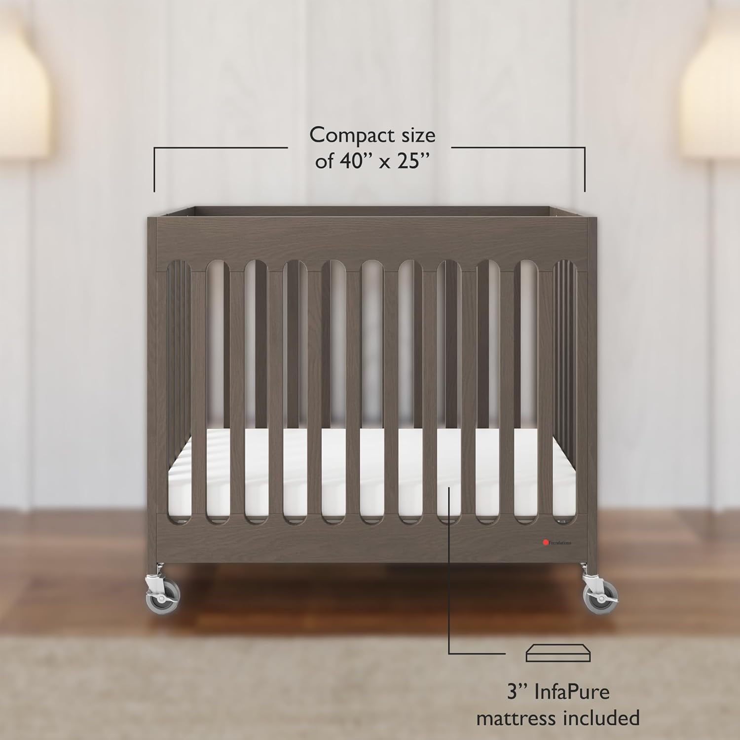 Foundations Boutique Folding Mini Baby Crib - Compact, Portable, Wooden Hotel Crib, Foldable Compact Cribs for Baby & Toddlers - Includes 3" Foam Mattress - Dapper Gray