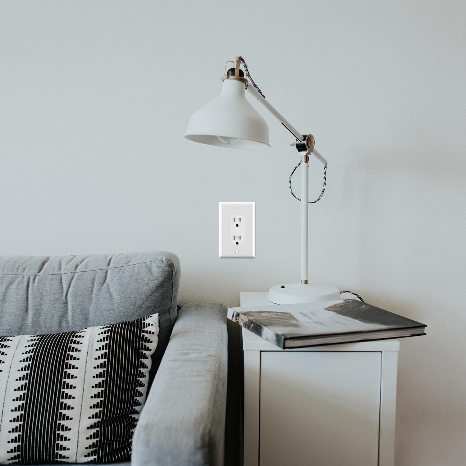 ELEGRP Decorative Receptacle Wall Plate, 1-Gang Mid Size Decorator Covers, Unbreakable Polycarbonate Faceplates for Decorator Device, UL Listed, Screws Included (2 Pack, Glossy White)