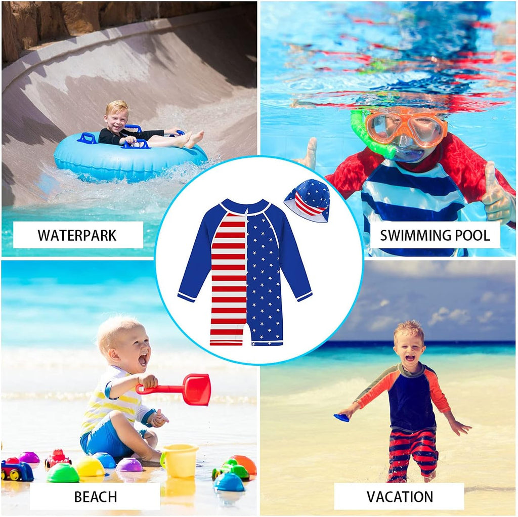uideazone Baby Boys One Piece Swimsuit Long Sleeve UPF 50+ Rash Guard Bathing Suit Swimwear with Sun Hat 0-24 Months