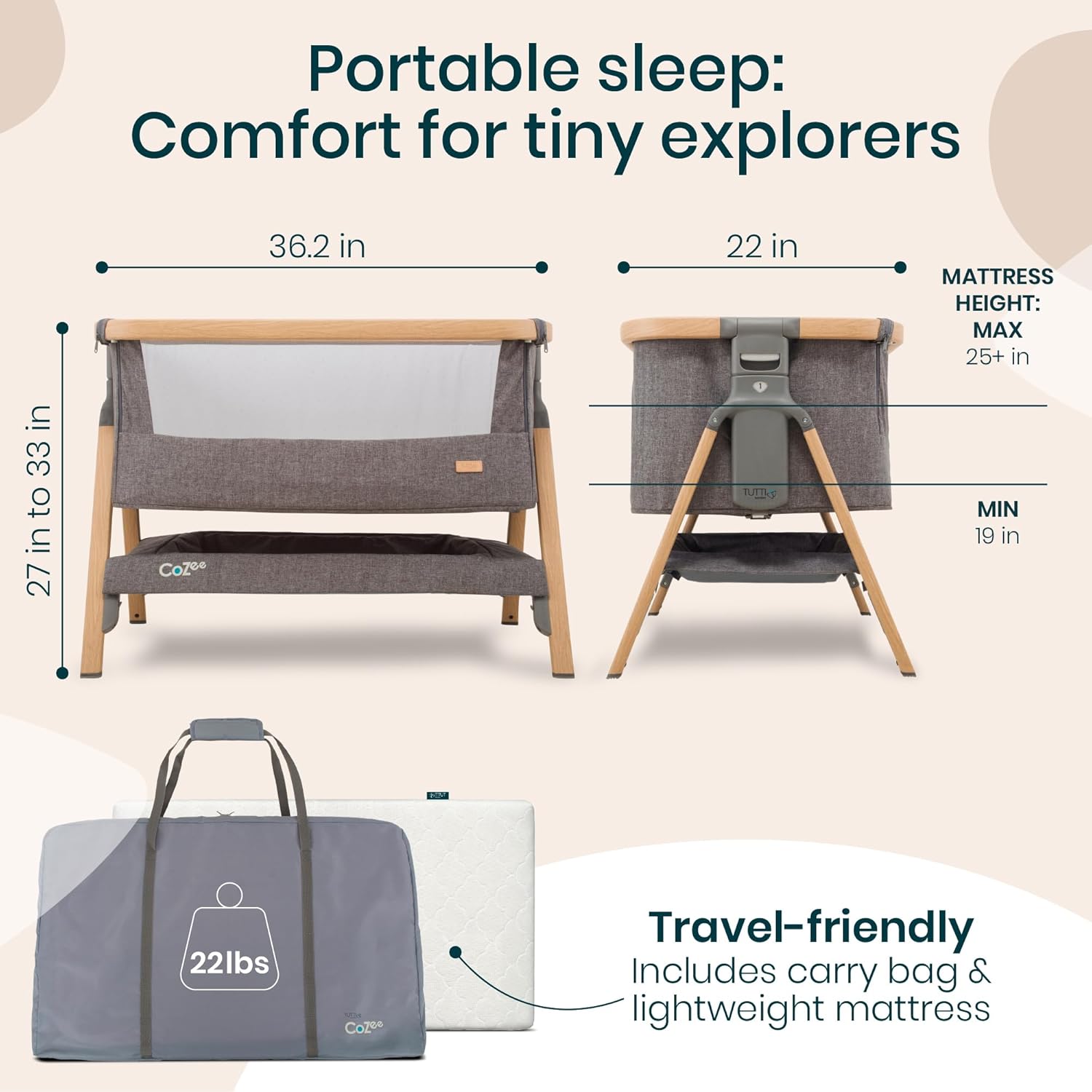 CoZee® 2-in-1 Baby Bassinet & Bedside Sleeper - Fast-Folding Bedside Bassinet, Baby Crib with 6 Mattress Heights & Breathable Mesh Window, Mattress Included, 0-6 Months (Oak & Charcoal)