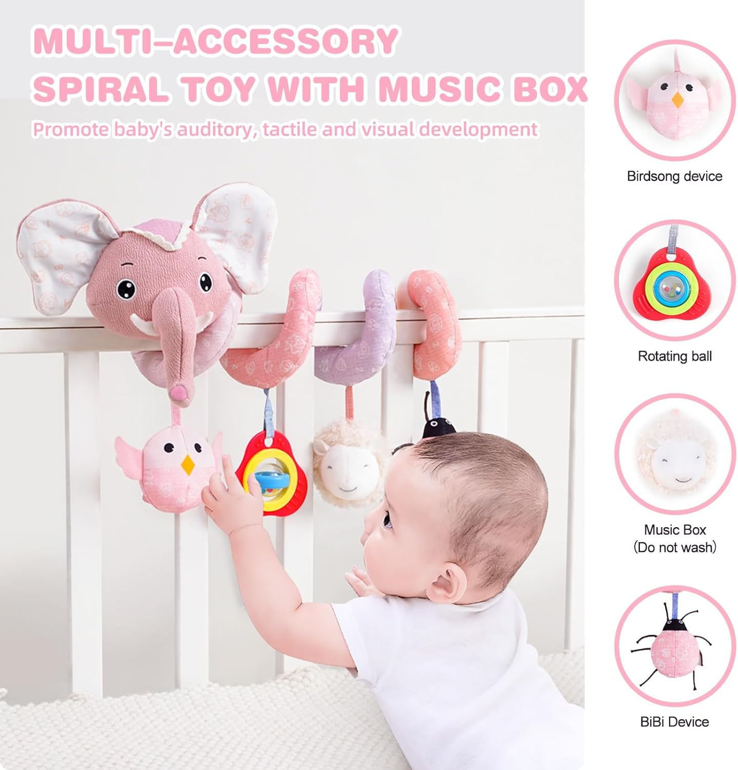 Jollybaby Baby Car Seat Stroller Toys, Plush Activity Hanging Spiral Activity Pram Crib with Music Box, Rattles, Squeaker for Babies Infant Boys Girls(SZ Pink Elephant)
