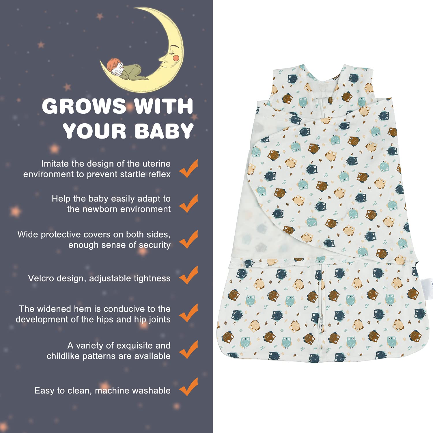 Swaddle-Blanket Baby Girl & Boy Swaddles Newborn Infant Transition 100% Cotton Wrap Blankets, 3-Way Adjustable Wearable Blanket, TOG 1.0 (Owl, 3-6 Month)
