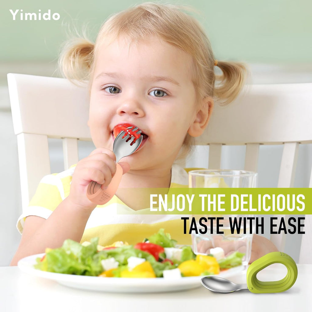 Toddler Utensils - Baby Forks and Spoons Set - Kids Stainless Steel Silverware - Children Safe - Self Feeding - Dishwasher Safe (Orange + Green)