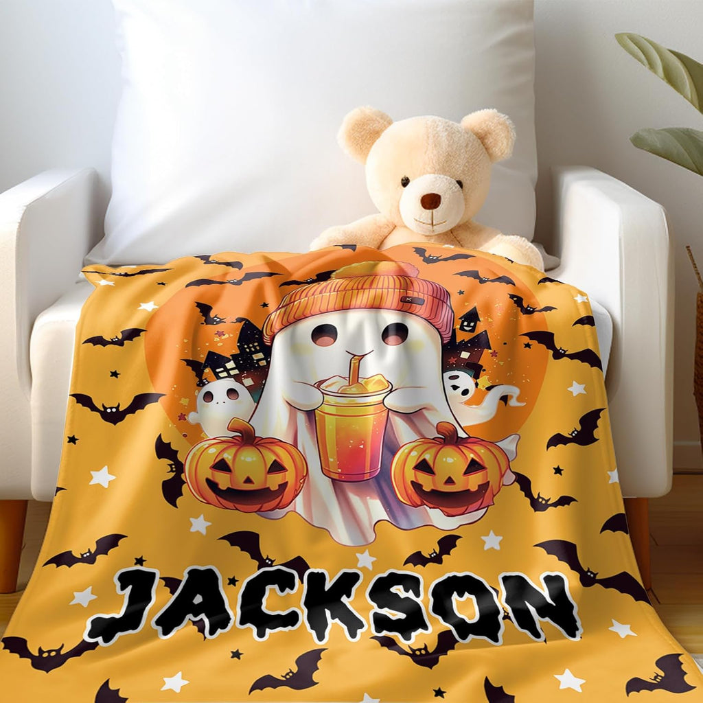 Ship Next Day, Custom Halloween Blanket - Printed in USA, Personalized Baby Blankets with Name, Gift for Kids Boys Girls, Unique Present for Birthday, Christmas, Halloween Bats Toddler Blanket