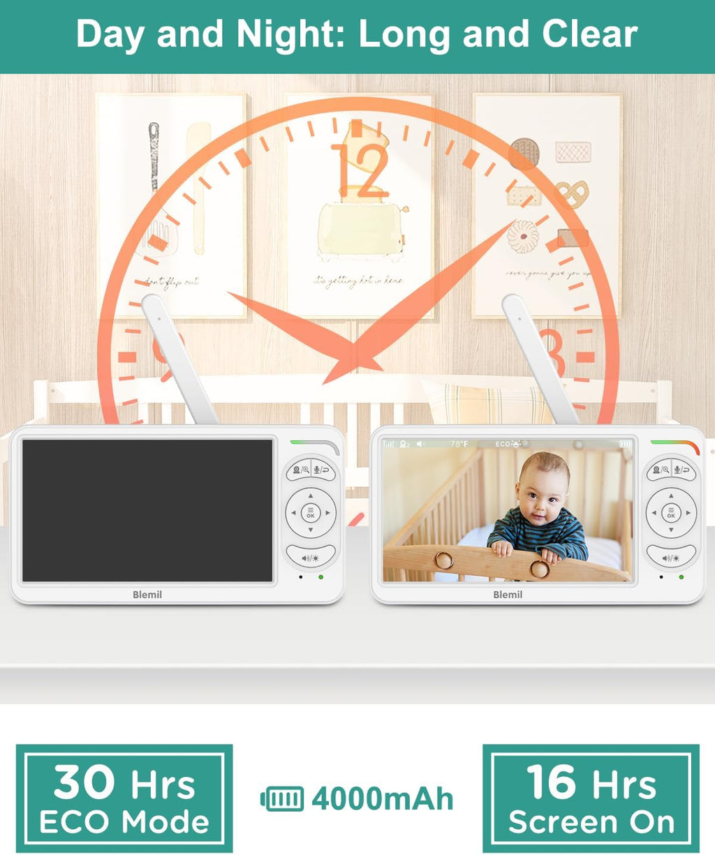 6" Baby Monitor with 2 Cameras 4000mAh Battery Upgrade Split Screen Video Baby Monitor No WiFi Remote Pan-Tilt-Zoom Auto-Night Vision 150 Languages ECO Mode 2-Way Talk 1000FT (Ideal Condition)