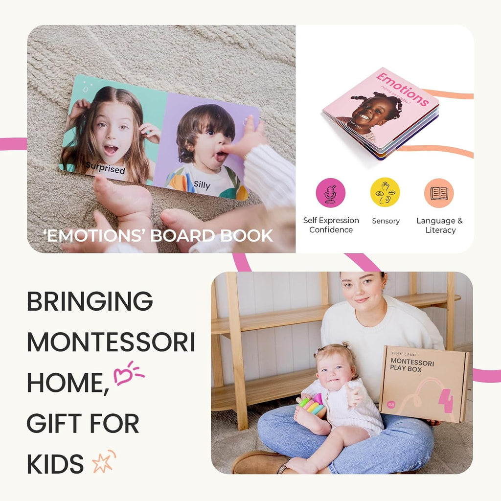 Tiny Land Montessori Toy Set for Babies 1 Year Old Thinker Play Kit- 5-in-1 Wooden Learning Toys with Peg Drop Box, Rocking Stacker, Egg Cup, Canister Set, and Crinkle Bag