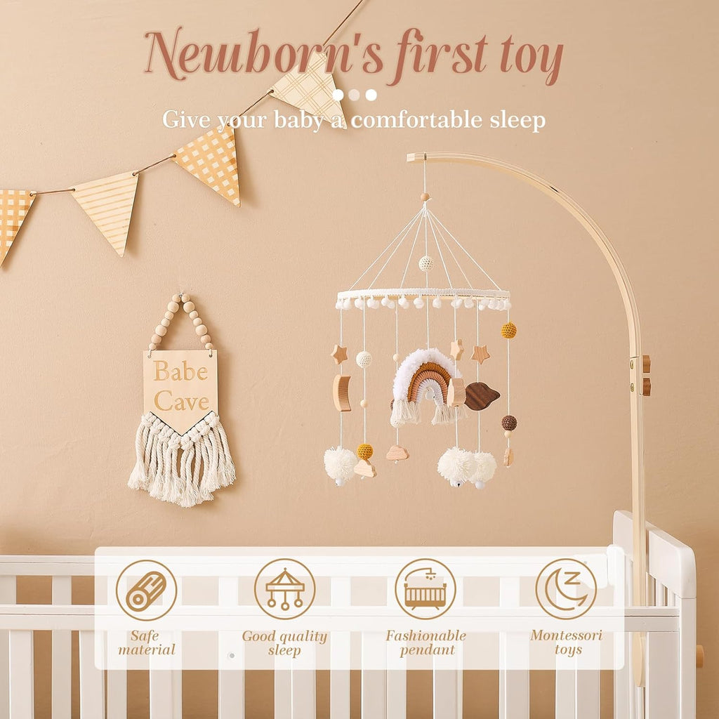 Baby Crib Mobile for Boys Girls Rainbow Nursery Mobile Gender Neutral Hand-Crocheted Mobile Ceiling Mobile - Rainbow, Clouds, Moon