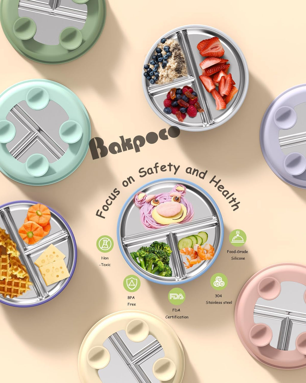 Stainless Steel Baby Plate with Suction, 8” Divided Toddler Plates with Removable Silicone Sleeves for Kids, Non-Toxic Non-Slip Unbreakable Dishwasher Safe Dinnerware Set of 2, Pink & Lilac