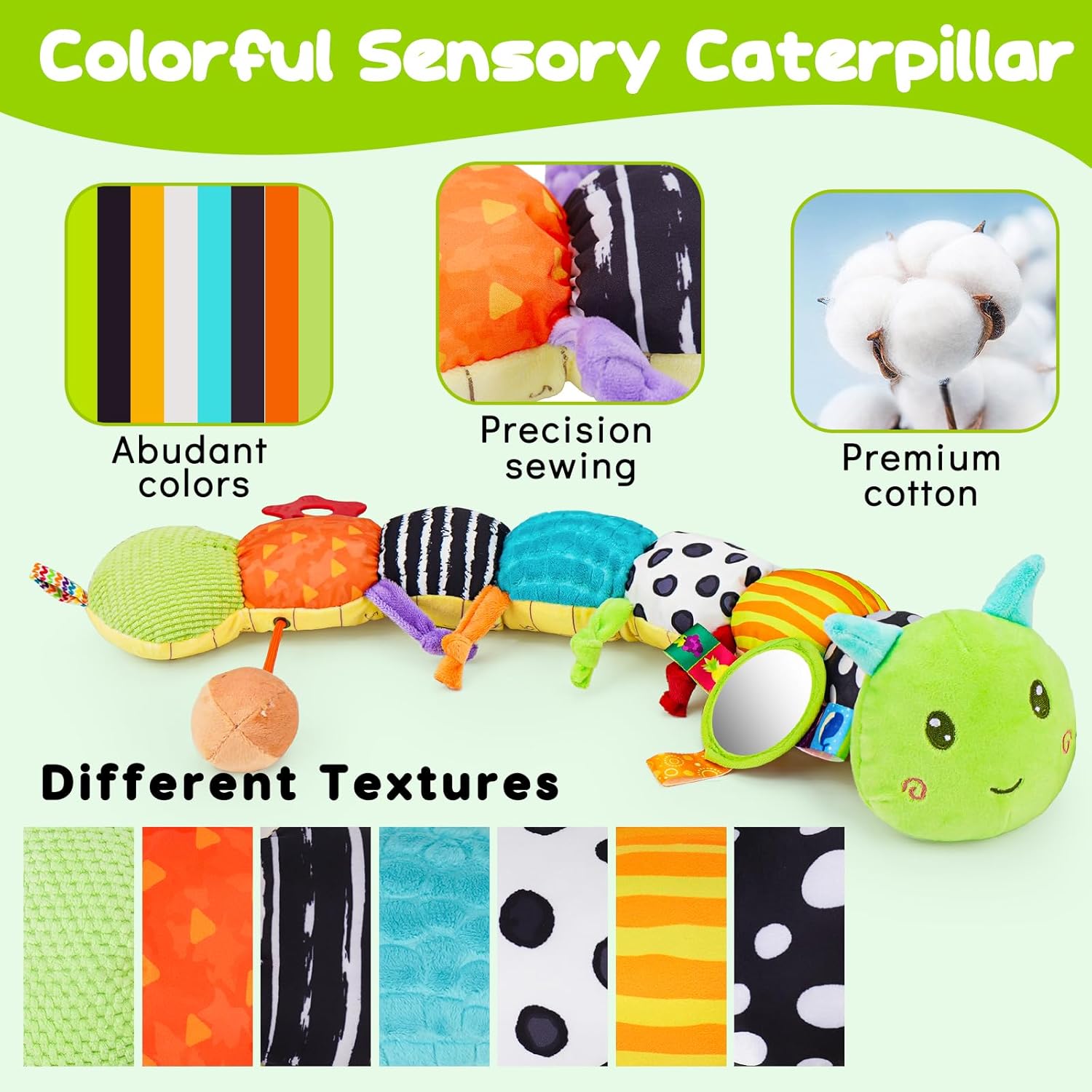 Baby Sensory Toy 0-6 Month Music Animal Stuffed Plush Caterpillar Toy for Infant 0-3-6 Month Tummy Time with Baby Mirror Crinkle Rattle for 6-12 Month Carseat Toys for Newborn Boys Girls Shower 1