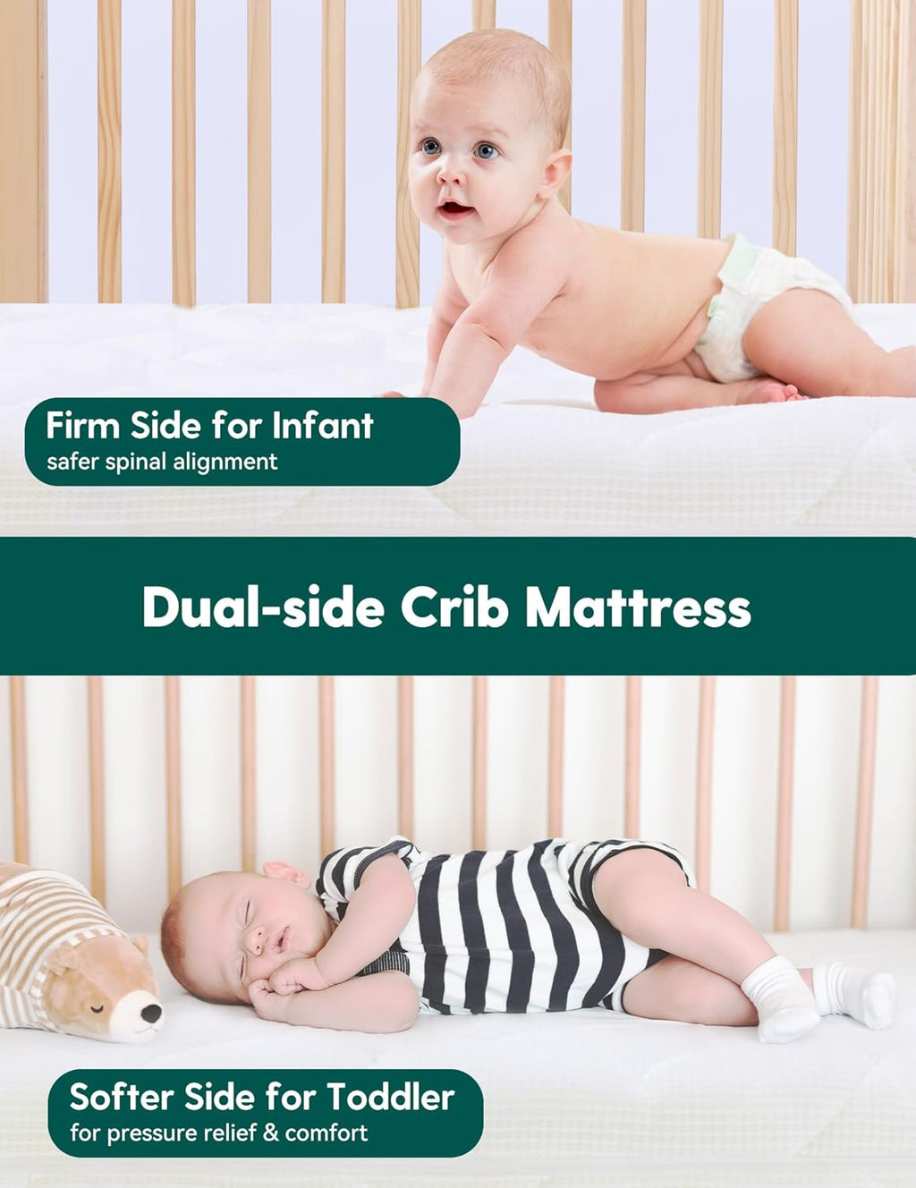 BABELIO Crib Mattress Ultra-Breathable 100% Washable Core Dual Sided Baby Toddler Mattress with Removable Machine-Washable Cover 52" x 28"