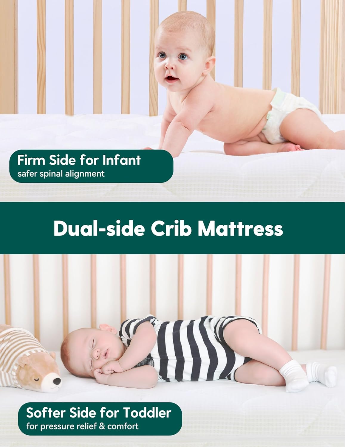 BABELIO Crib Mattress Ultra-Breathable 100% Washable Core Dual Sided Baby Toddler Mattress with Removable Machine-Washable Cover 52" x 28"