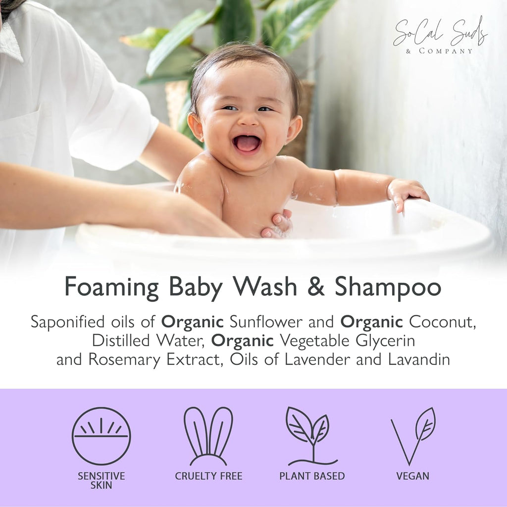 SoCal Suds & Company - 2-in-1 Organic Foaming Baby Shampoo & Body Wash Castile Soap Refill - Gentle Body Soap and Shampoo for Sensitive Skin - Nourishing Ingredients - Newborn Baby - Lavender, 32oz