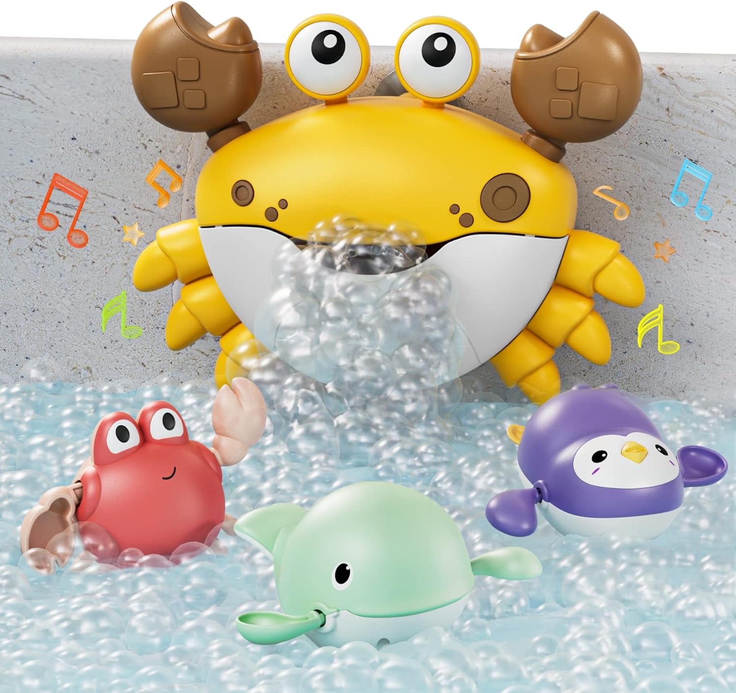 TUMAMA Baby Bath Toy,Bath Bubble Maker Machine with Music,3 Wind-Up Bathtub Toys,Crab Shower Water Toy for Toddlers Kids Boys Grils,4 Pieces