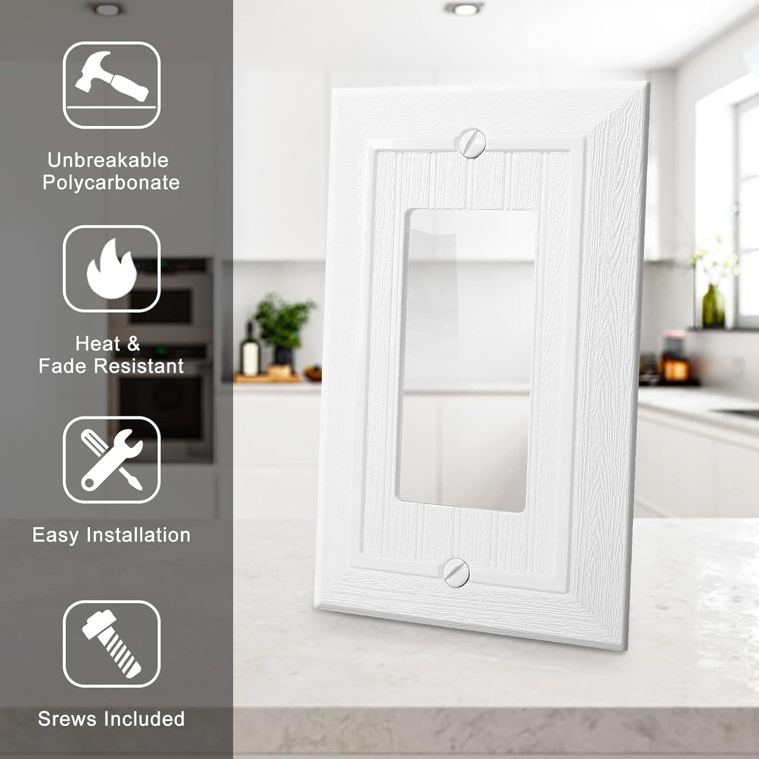 Modern Decorative Wall Plate Switch Plate Outlet Cover, Vintage Retro Wood Grain Design(Single Decorator-10 Pack, White)