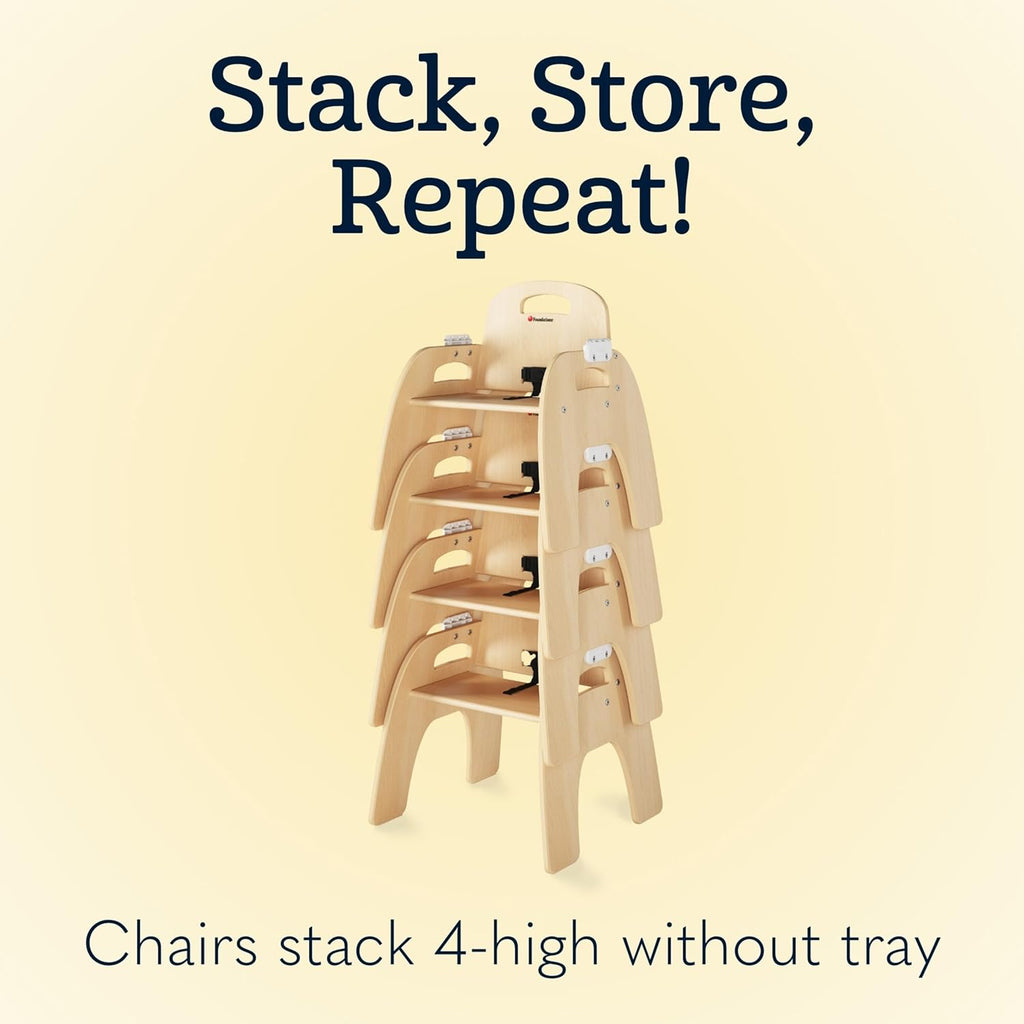 Foundations Easy Serve Low Wood Feeding Chairs Multipack, Adjustable Harness, Removable Dishwasher Safe Tray, No-Tip Base, Stackable Toddler Chairs, 2 Pack (11 inch)